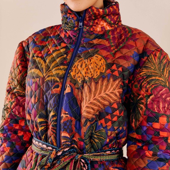 FARM RIO Mixed Patchwork Reversible Midi Belted Puffer Jacket (NWOT) - Picture 6 of 17